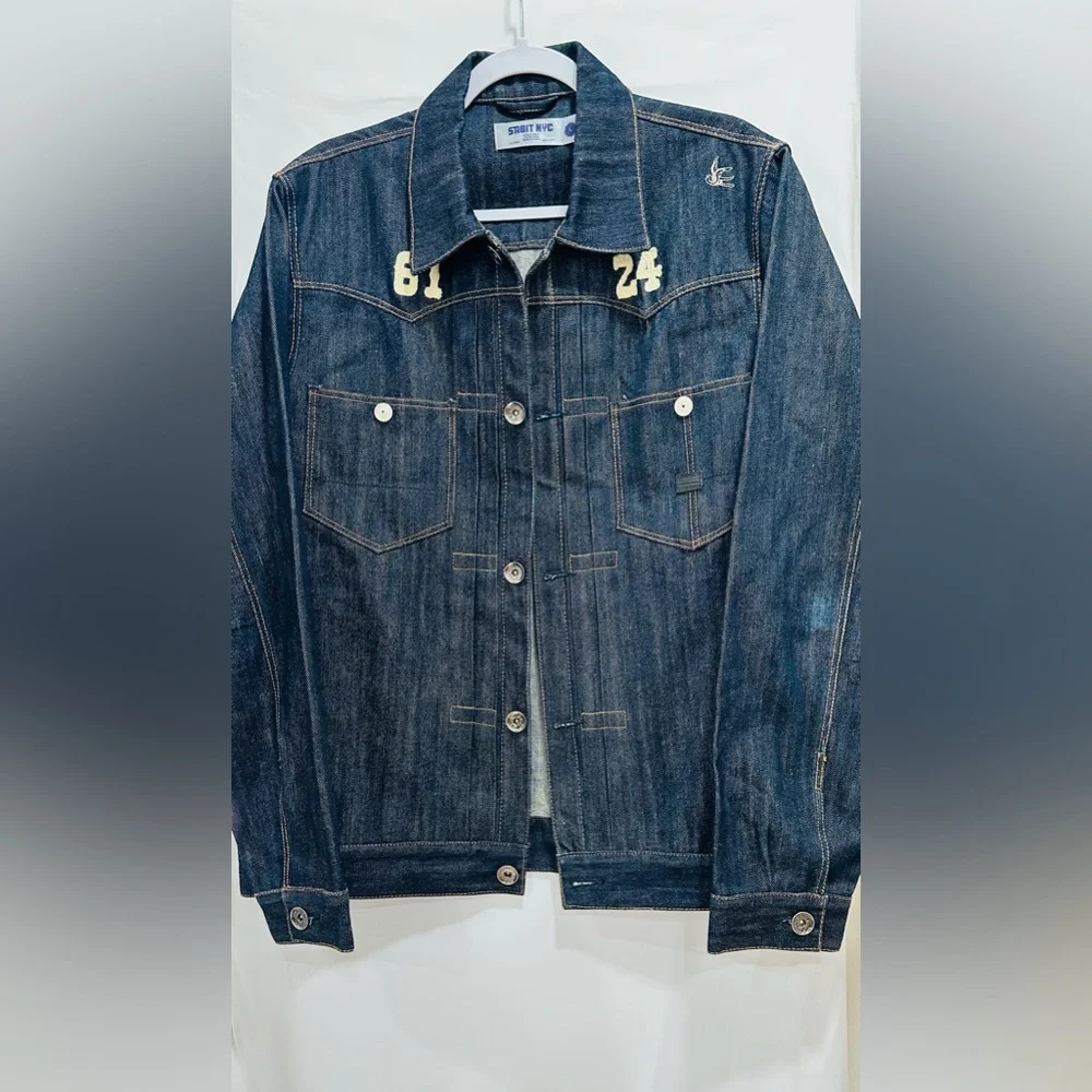 SABIT NYC Men's Denim Jacket Biker Patches‎ Embellished Blue L RARE